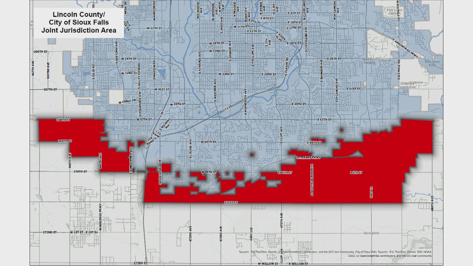 Map of the joint jurisdiction area south of Sioux Falls in Lincoln County, shown in red, from the meeting presentation