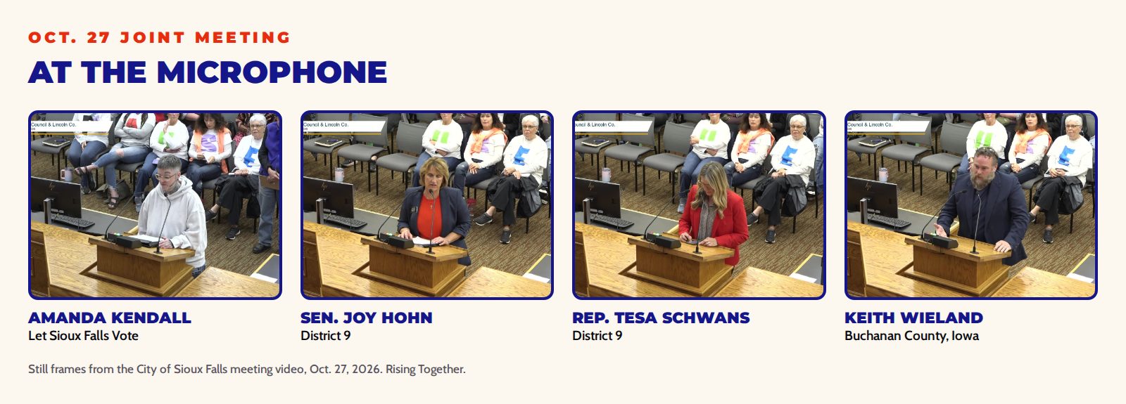 Speakers at the public comment podium: Amanda Kendall, State Sen. Joy Hohn, State Rep. Tesa Schwans and Iowa county supervisor Keith Wieland