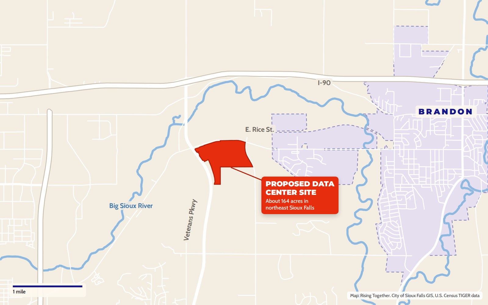 Map of the proposed data center site in northeast Sioux Falls, east of Veterans Parkway and south of East Rice Street, near Brandon