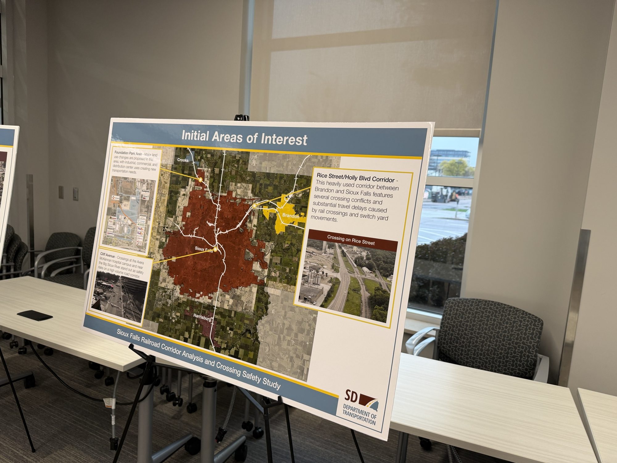 Board titled Initial Areas of Interest, showing Foundation Park, Cliff Avenue, and the Rice Street and Holly Boulevard corridor