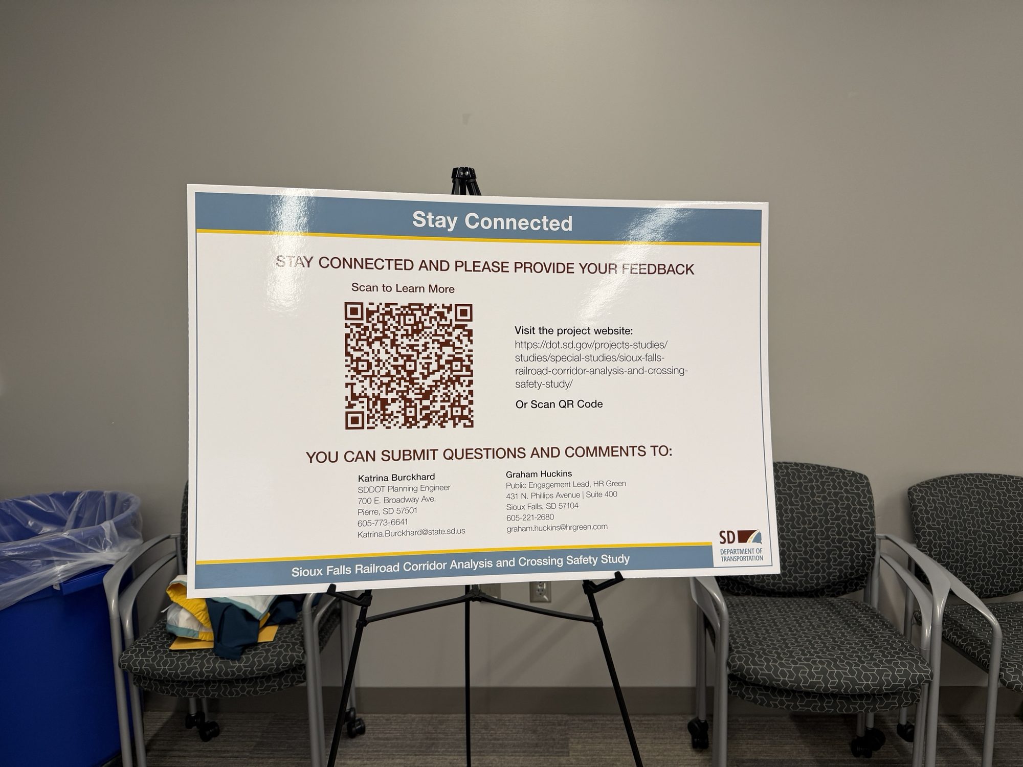 Stay Connected board with a QR code to the project website and contacts for Katrina Burckhard of SDDOT and Graham Huckins of HR Green