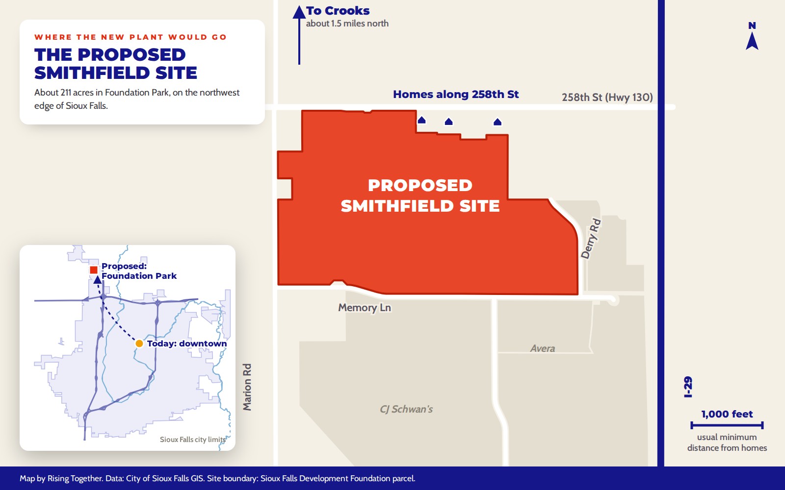 Map of the proposed Smithfield site in Foundation Park, bounded by Marion Road, 258th Street, Memory Lane and Derry Road, with homes along 258th Street