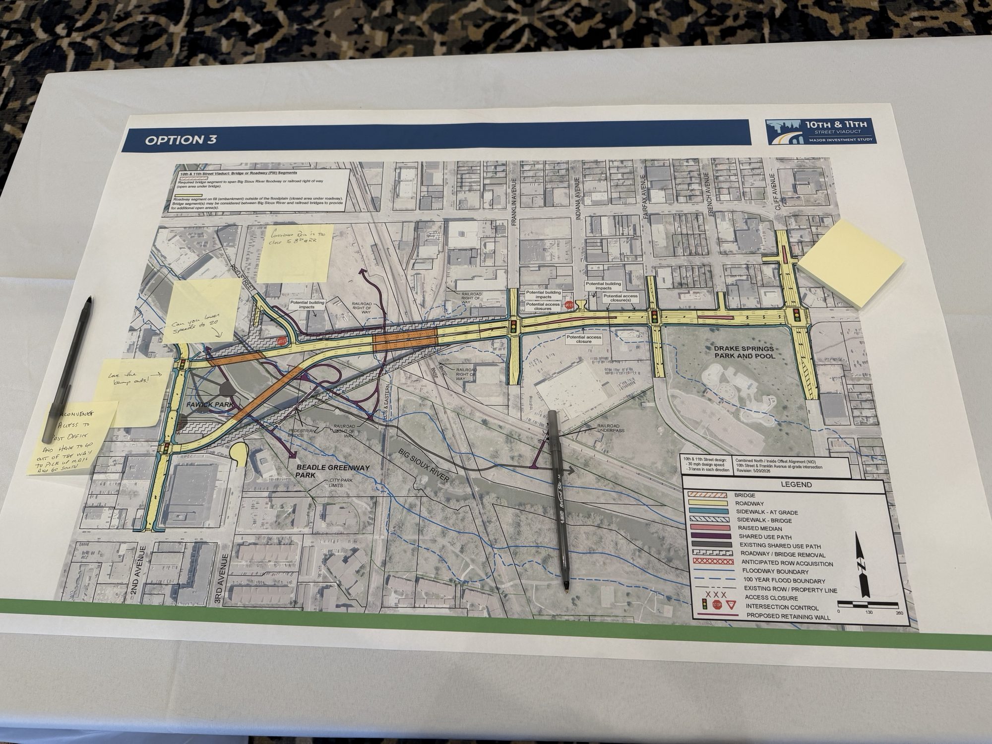 The Option 3 map with sticky notes asking to lower speeds to 20 and praising the bump outs