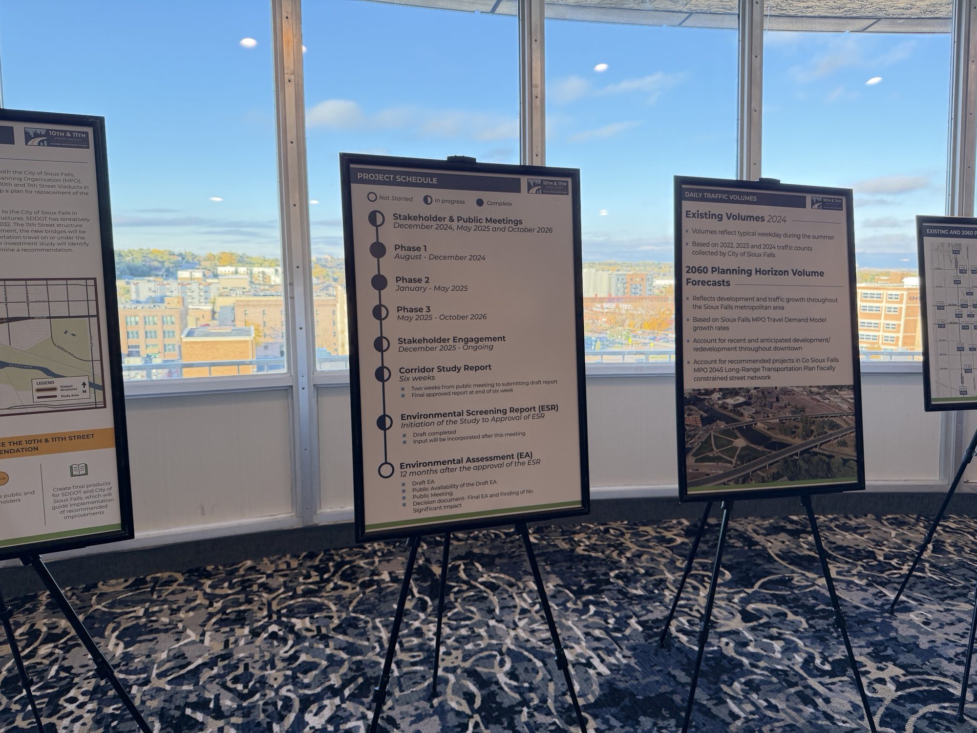 Project schedule board showing phases, the corridor study report, the environmental screening report and the environmental assessment